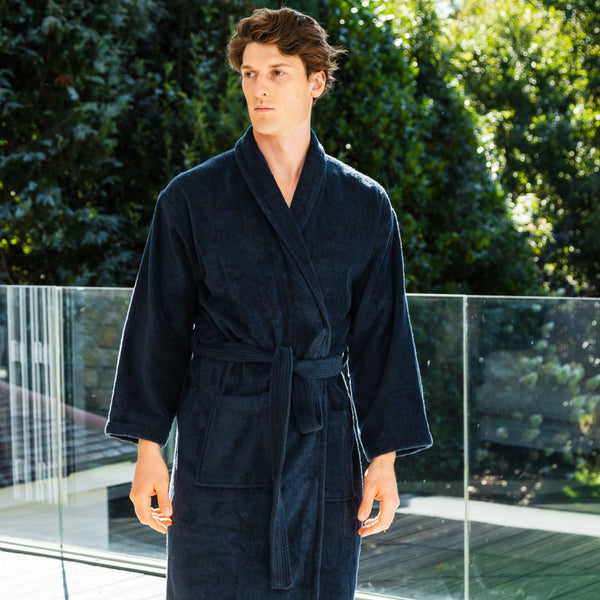 Men s Towelling Dressing Gown Navy Bown of London