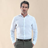 Men's Long Sleeve Button Linen Shirt - White With Tropical Collar