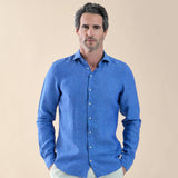 Men's Long Sleeve Button Linen Shirt - Cobalt With Tropical Collar