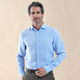 Men's Long Sleeve Button Linen Shirt - Light Blue With Tropical Collar