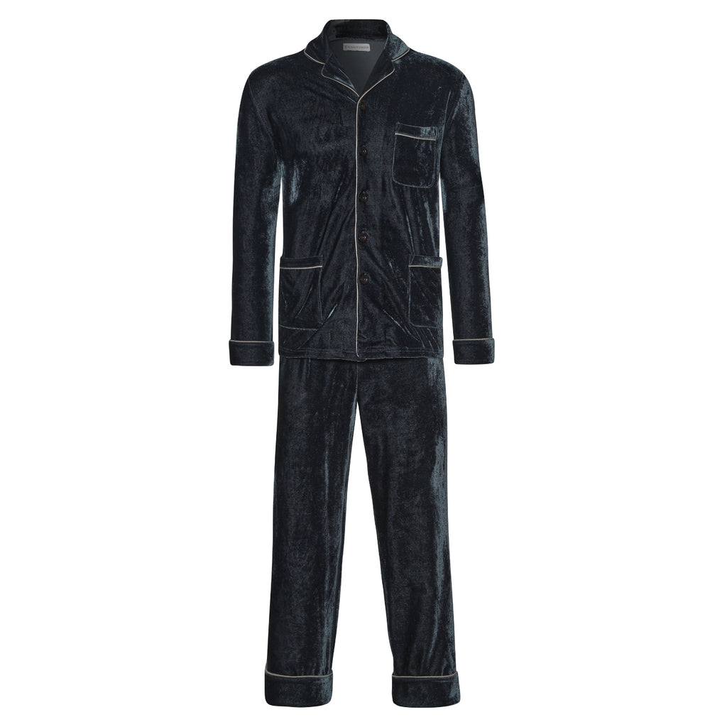 Zeus Mens Black Velvet Pyjamas - Front | Bown of London