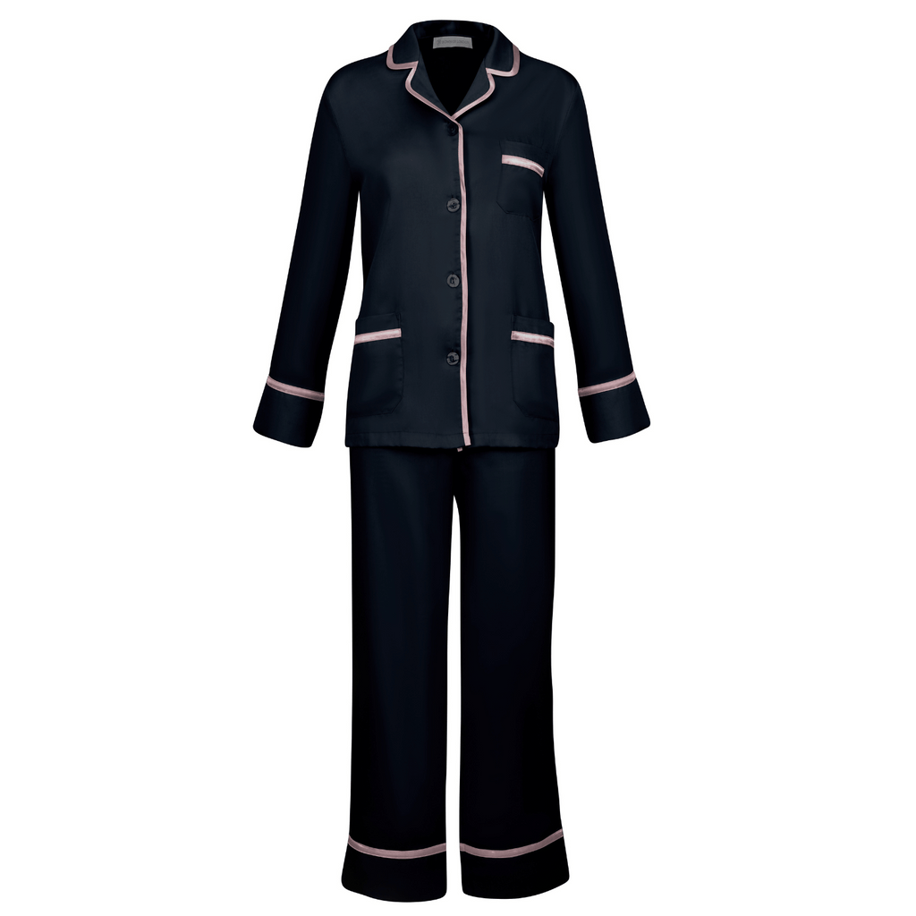 Hera Womens Black Satin Pyjamas - Front | Bown of London