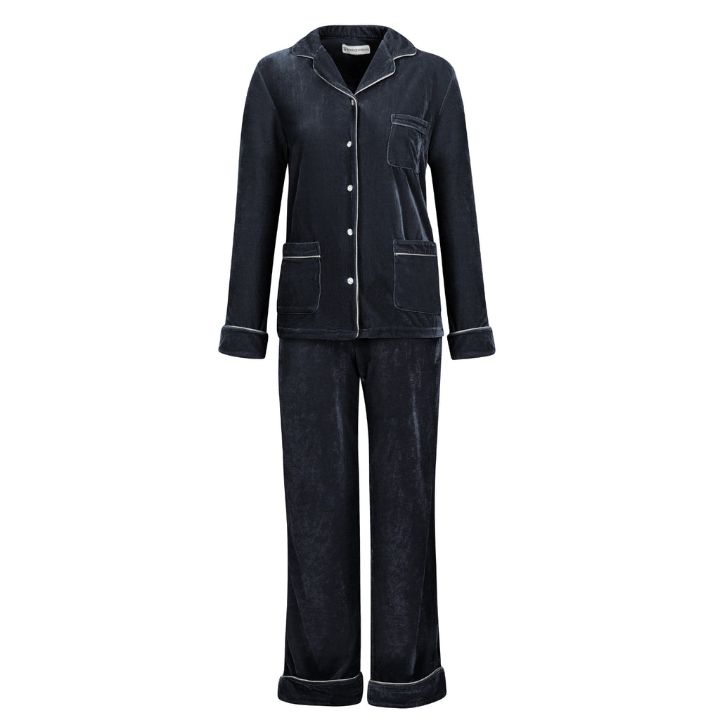 Aphrodite Womens Black Velvet Pyjamas - Front | Bown of London