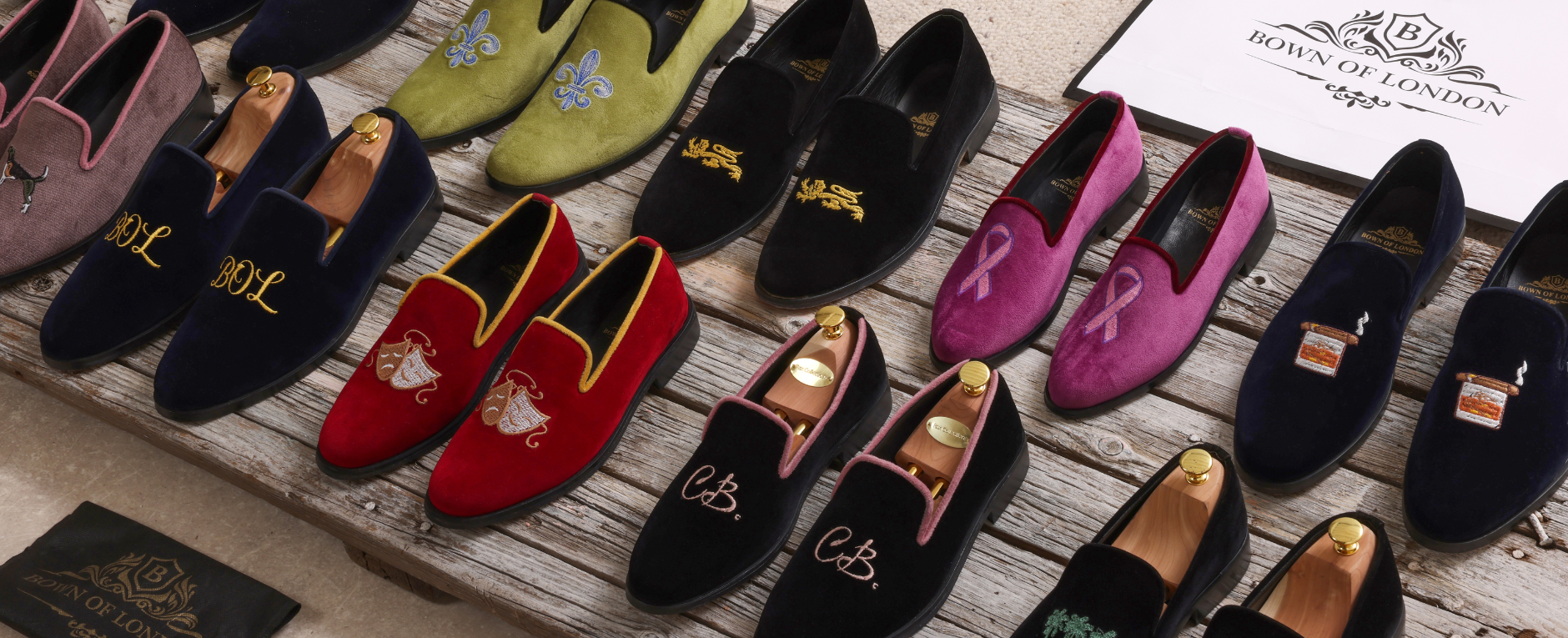 Neatly Arranged Custom Velvet Slippers / Shoes | Bown of London