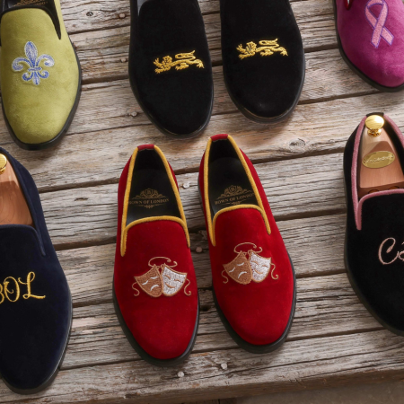 Neatly Arranged Custom Velvet Slippers / Shoes | Bown of London