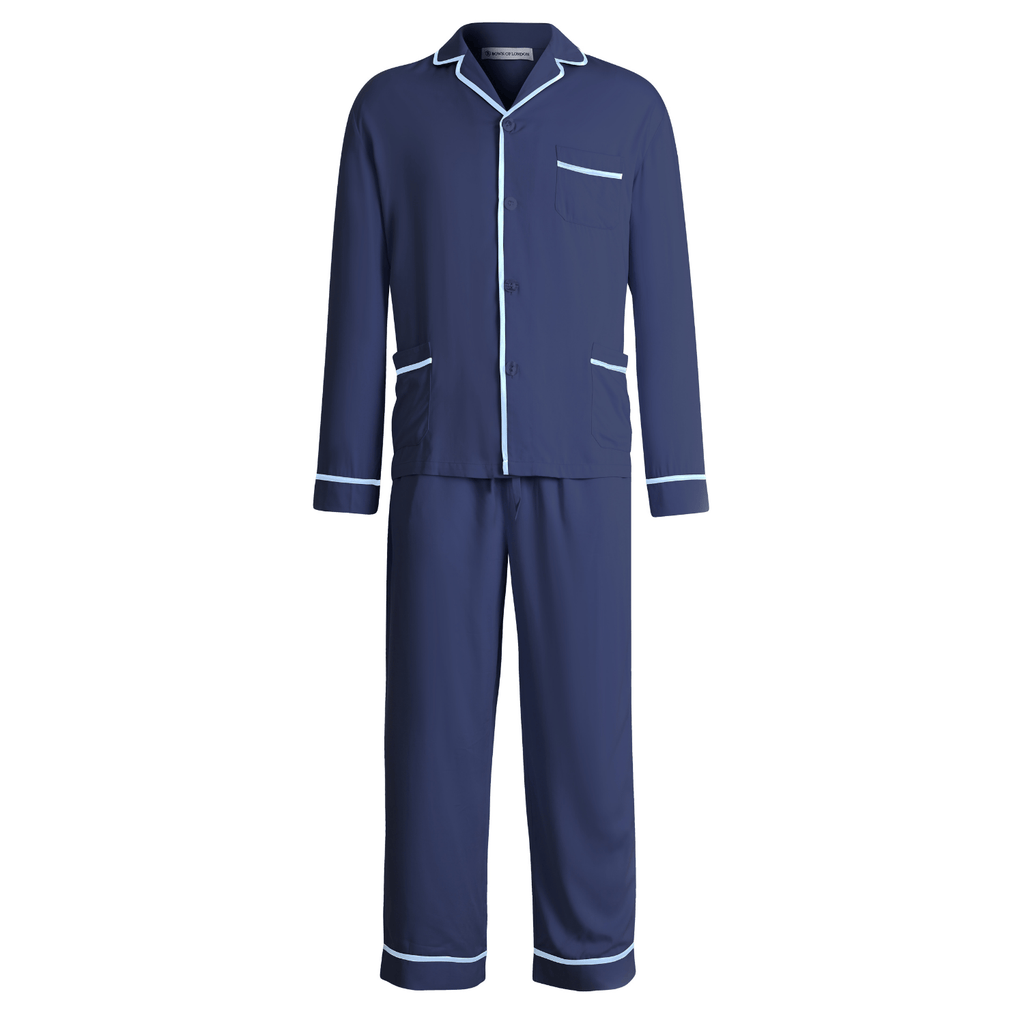 Poseidon Mens Blue Satin Pyjamas - Front | Bown of London